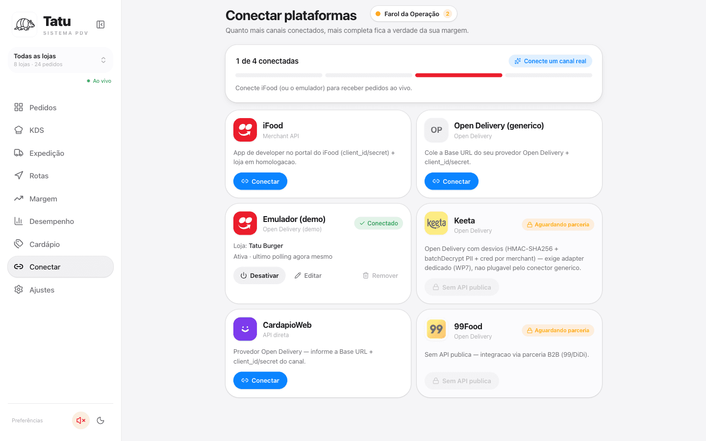 Tela de conexão de plataformas do Tatu